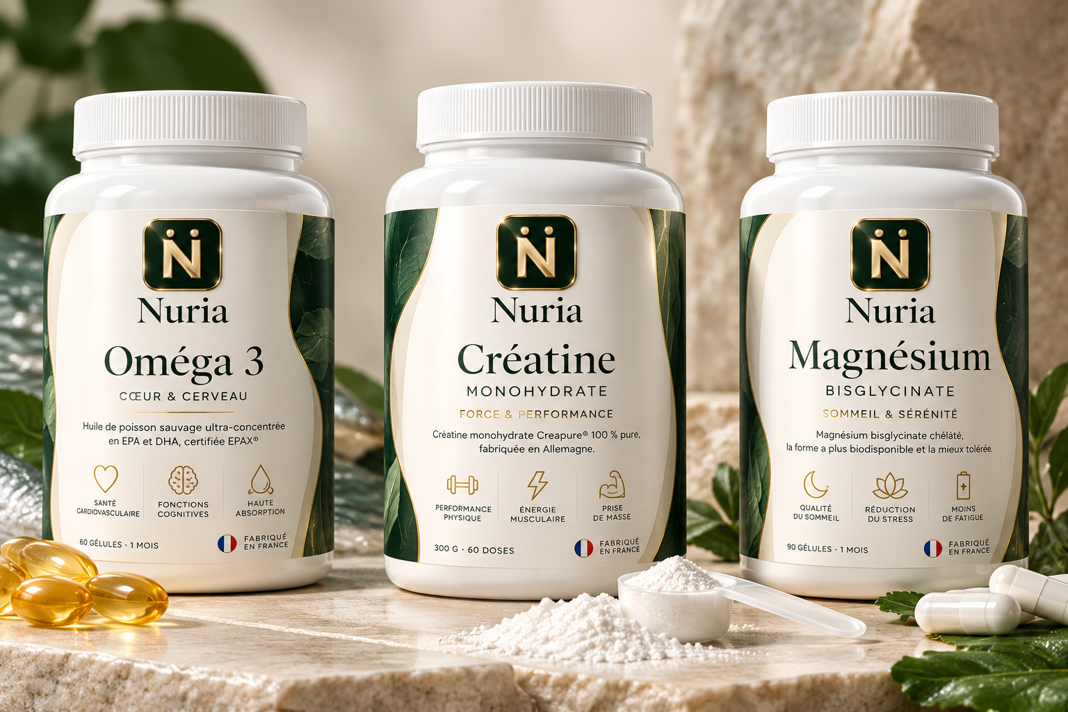 Les trois essentiels Nüria — Oméga 3, Créatine et Magnésium